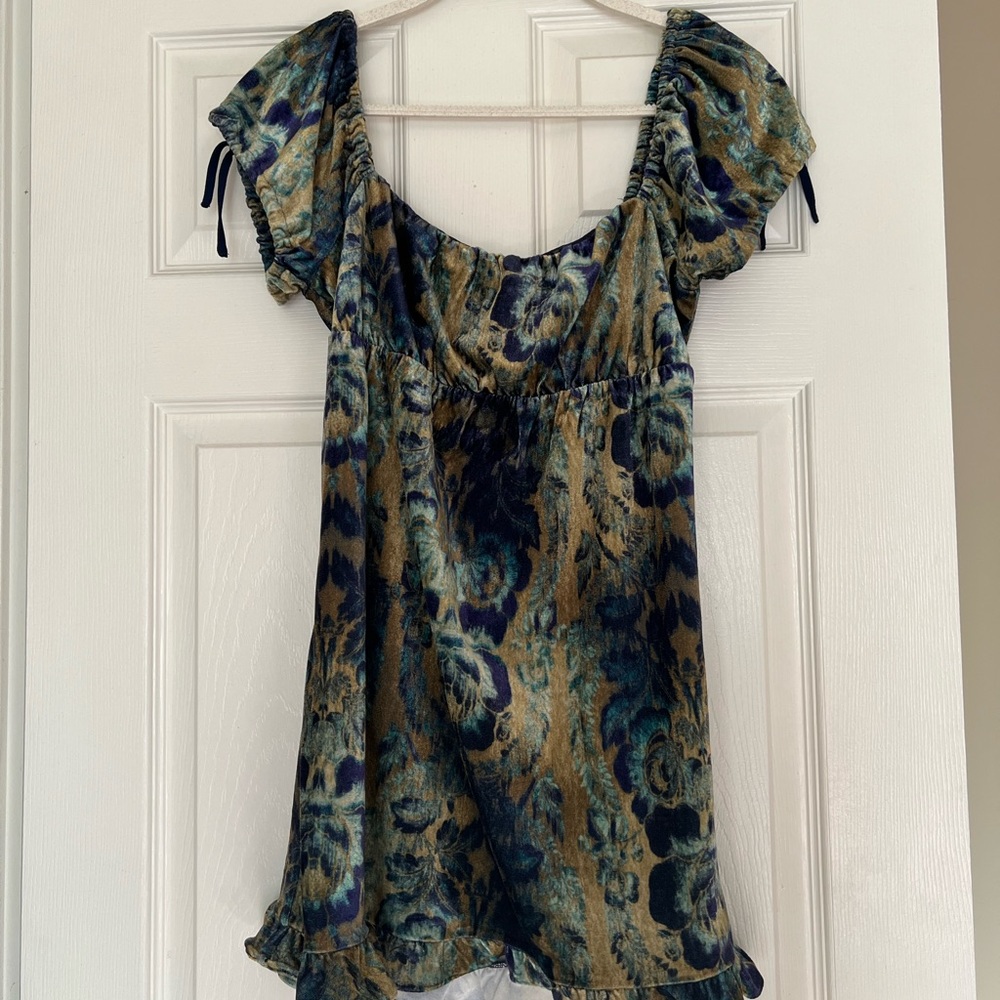 Urban Outfitters Blue Teal and Gold Floral Velvet Mini Dress